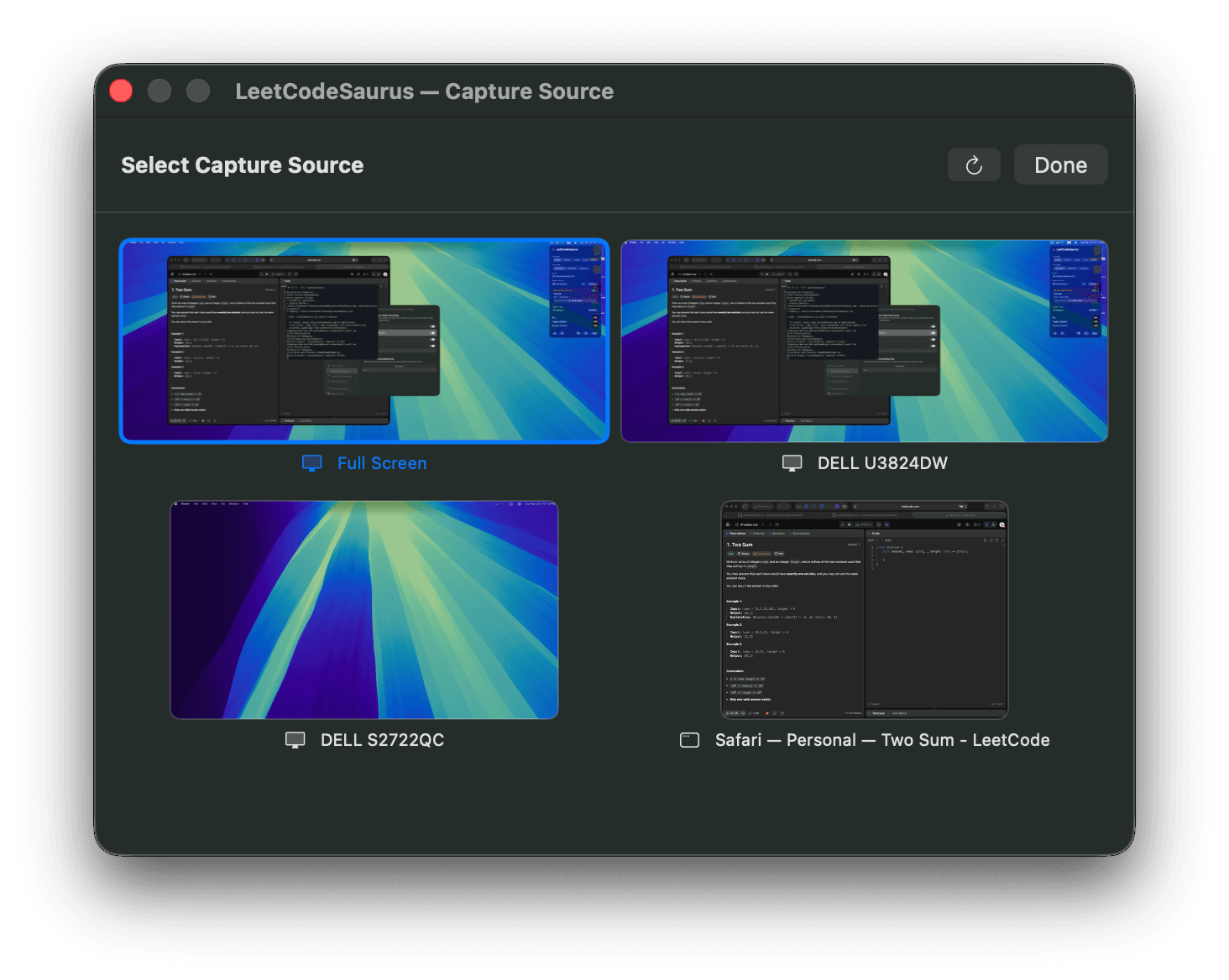 LeetCodeSaurus capture source picker showing multiple screens and windows