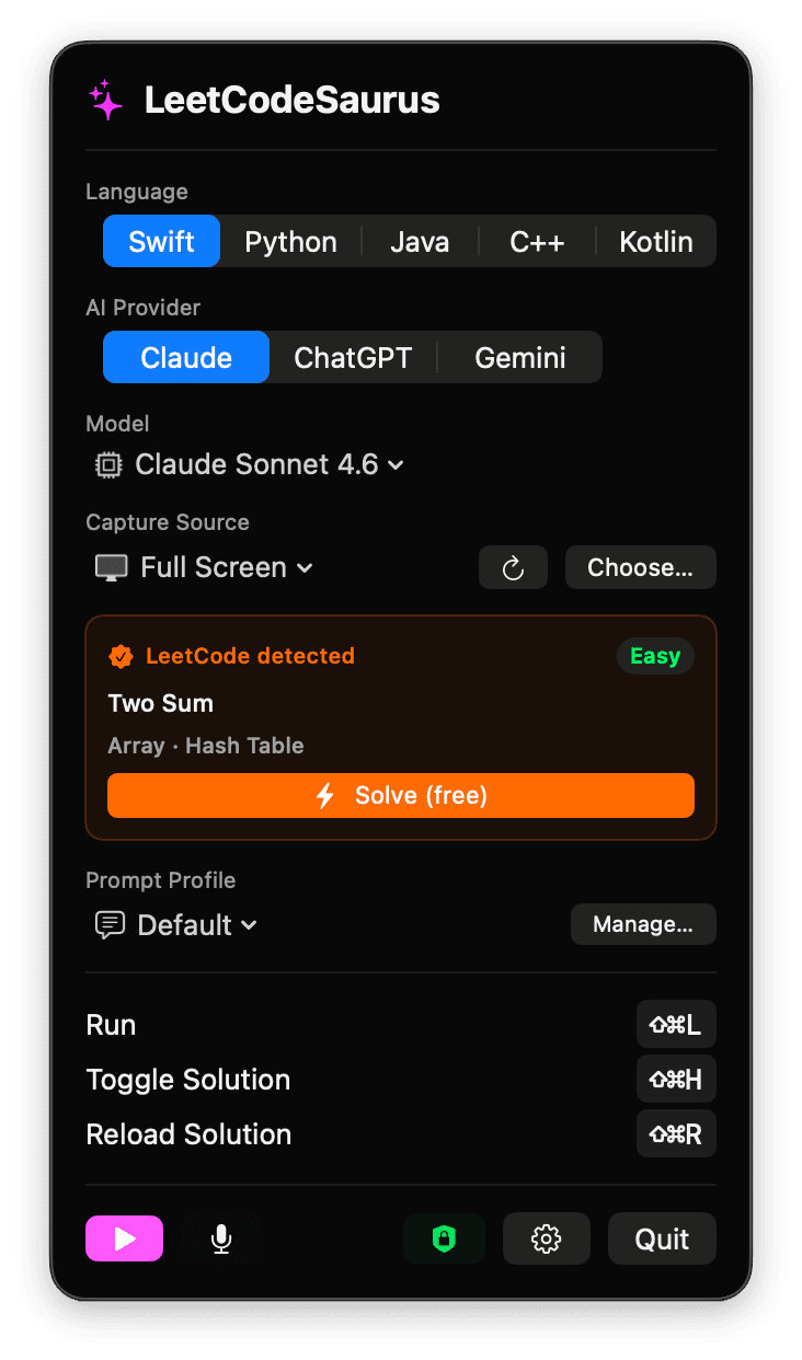 LeetCodeSaurus menu bar popup showing LeetCode auto-detection and AI provider selection