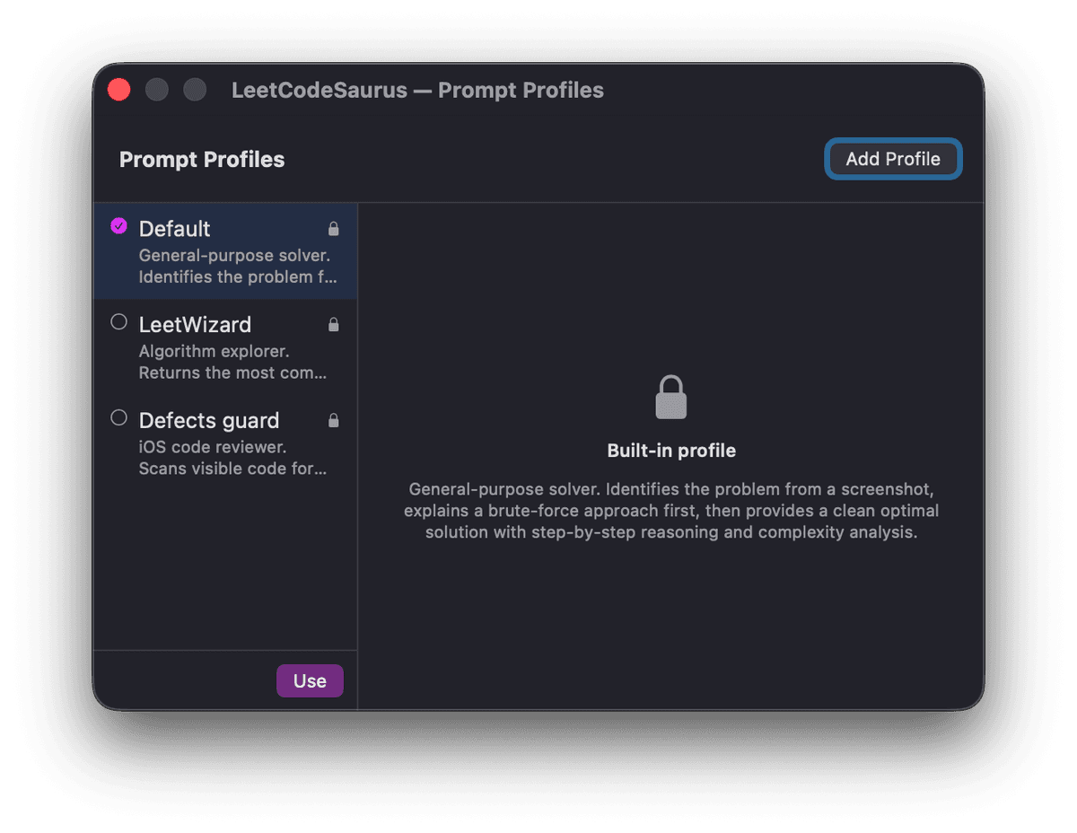 LeetCodeSaurus prompt profiles showing Default, LeetWizard and Defects Guard profiles