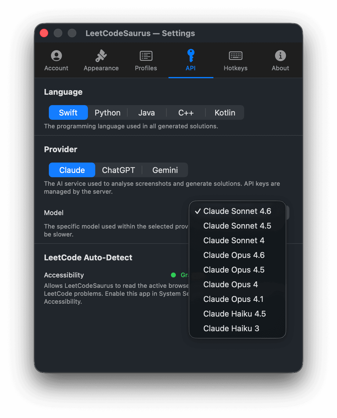 LeetCodeSaurus settings API tab showing provider, model selection and LeetCode Auto-Detect